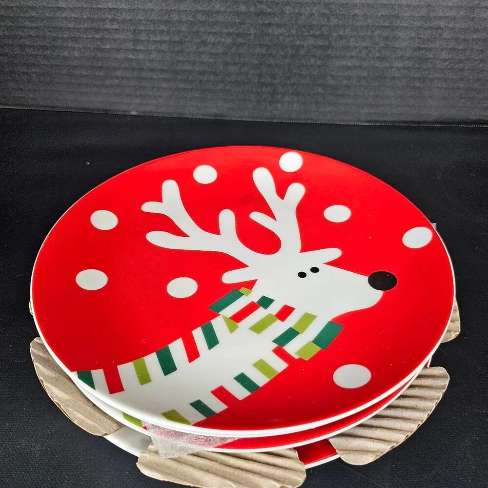 Crate And Barrel. 4 Reindeer Appetizer, Salad, Dessert Plates. 7.5